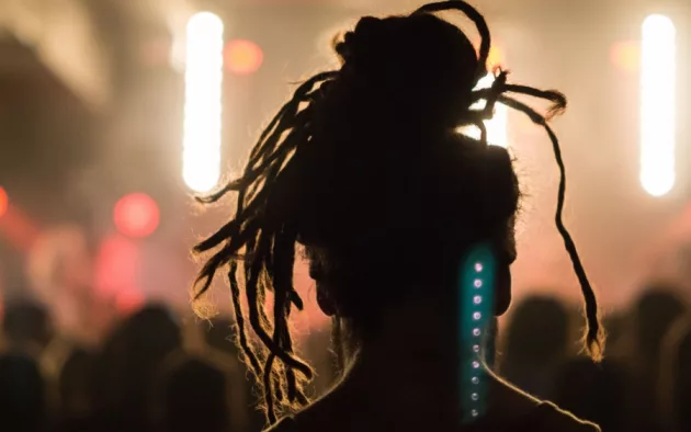Close up portrait of an anonymous performer/ silhouette with dreadlocks^ back to camera^ watching a concert on stage with music^ retro light effect^ flashlight and spotlight in a festival.