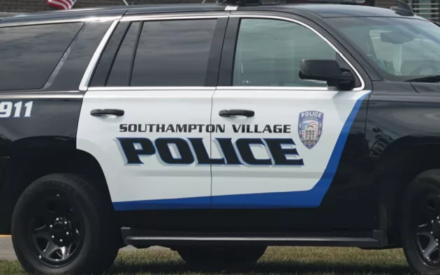 Southampton Police Department car in Southampton Village^ Long Island. SOUTHAMPTON^ NEW YORK - SEPTEMBER 30^ 2019