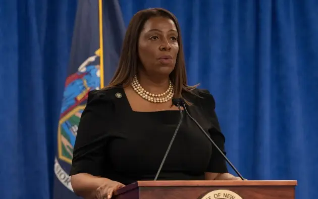 New York State Attorney General Letitia James delivers remarks on landmark victory in civil fraud trial against Donald Trump and the Trump Organization at 28 Liberty Street in New York on Feb 16^ 2024