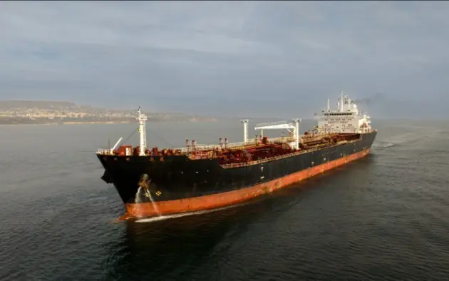 Aerial view of big oil tanker. Large oil tanker ship enters the port