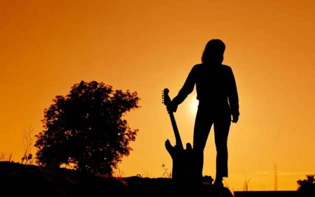 Silhouette Hipster woman with guitars in the meadow.