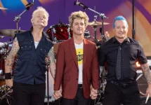 rock group Green Day (Mike Dirnt^ Billie Joe Armstrong^ Tre Cool) at ABC Good Morning America concert in Central Park in New York on July 26^ 2024