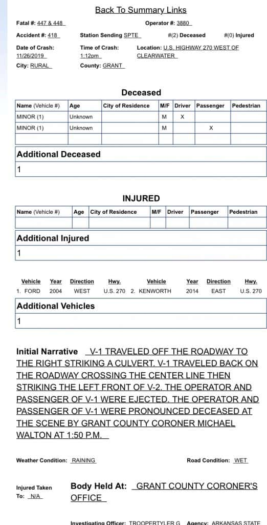 Arkansas State Police Release Report Of Accident on Hwy 270 that killed