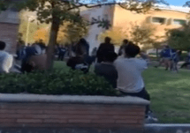 students gather on campus