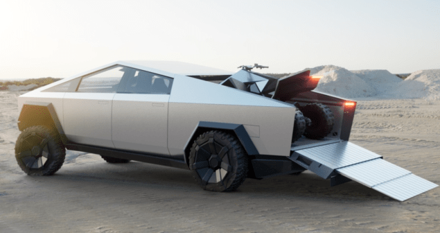 tesla cyber truck outside in sand with atv