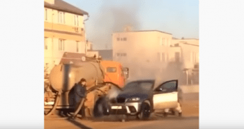 man douses car fire with sewage from septic truck