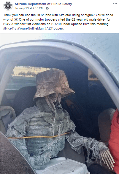 arizona state police facebook post skeleton riding shotgun