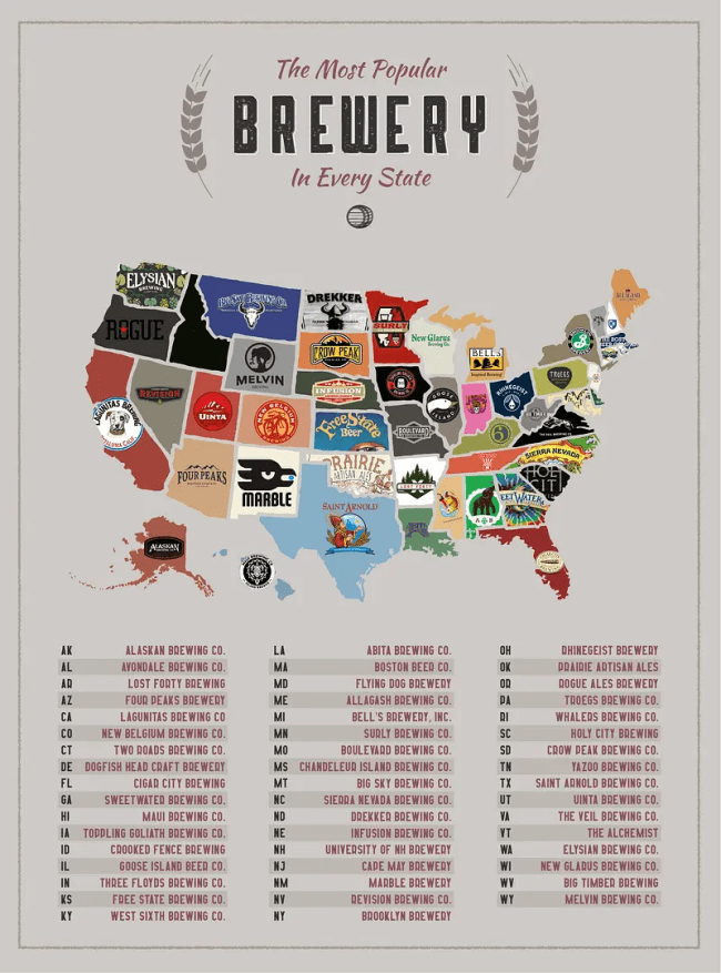 map of most popular breweries in each state